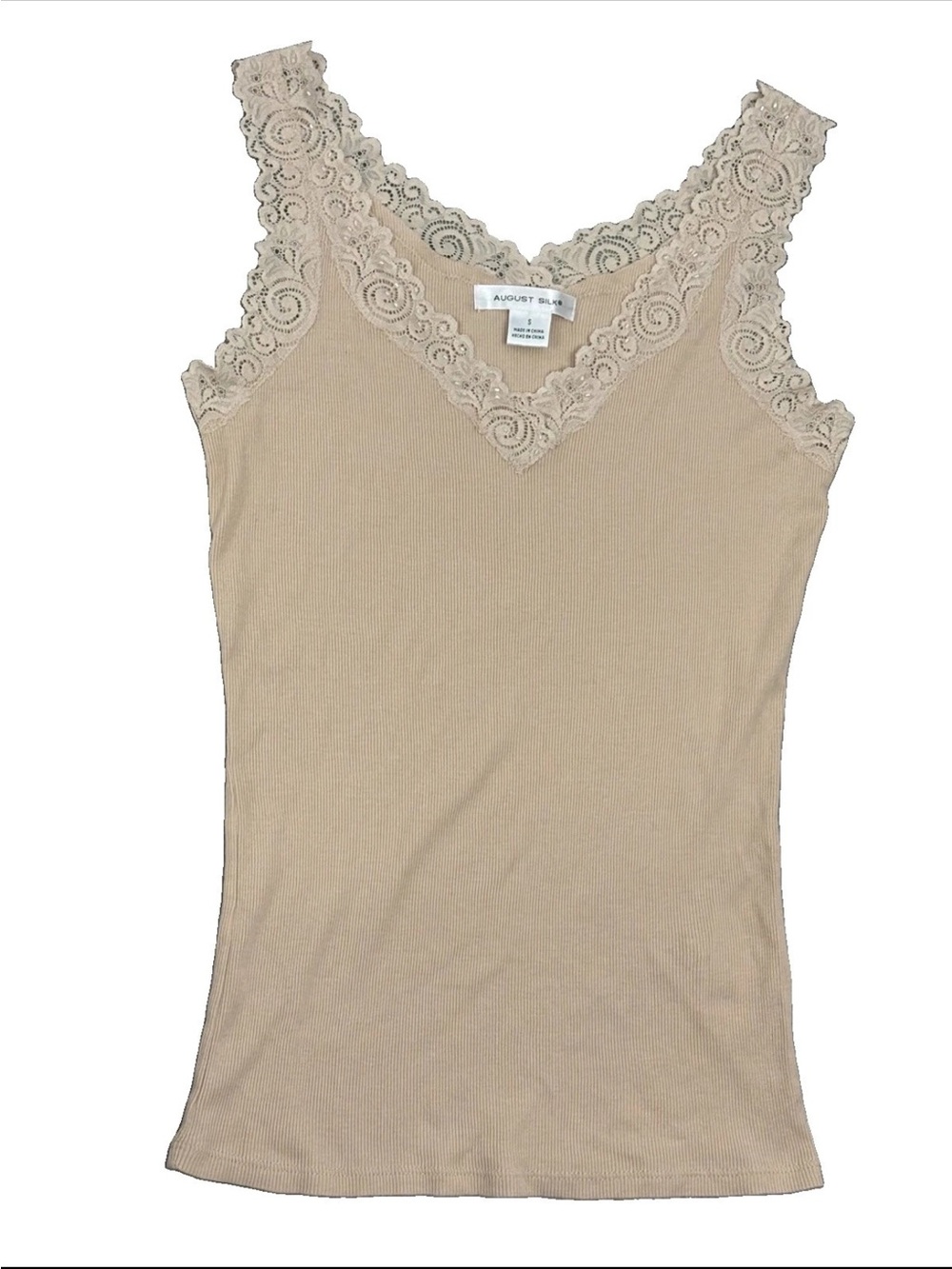 Y2K V Neck Ribbed Lace Trimmed Long Body McBling Cami Tank Top SZ.S Beige